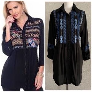 Embroidered Beaded Button Down Black Tunic, M